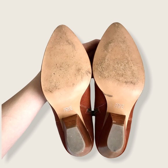 Frye Reina Genuine Cognac Leather Pull On Everyday Casual Wood Heel Ankle Bootie - Picture 9 of 14